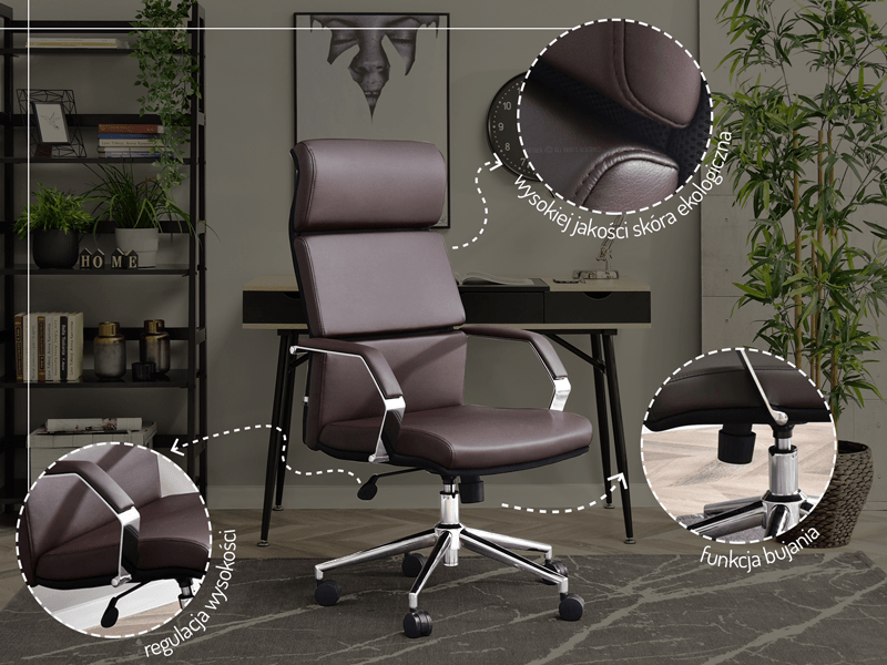 elegancki fotel biurowy BOND w kolorze brązowym, funkcja bujania, skóra ekologiczna