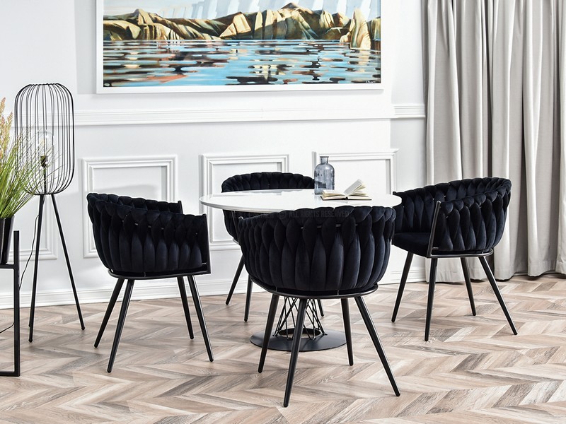 krzesło fotelowe ROSA czarny pleciony welur do salonu jadalni nowoczesny glamour