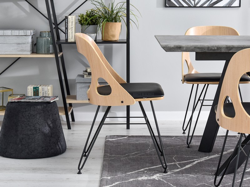 krzesło aida ażurowe fornir dąb czarna skóra ekologiczna metalowa podstawa do jadalni nowoczesne modne design