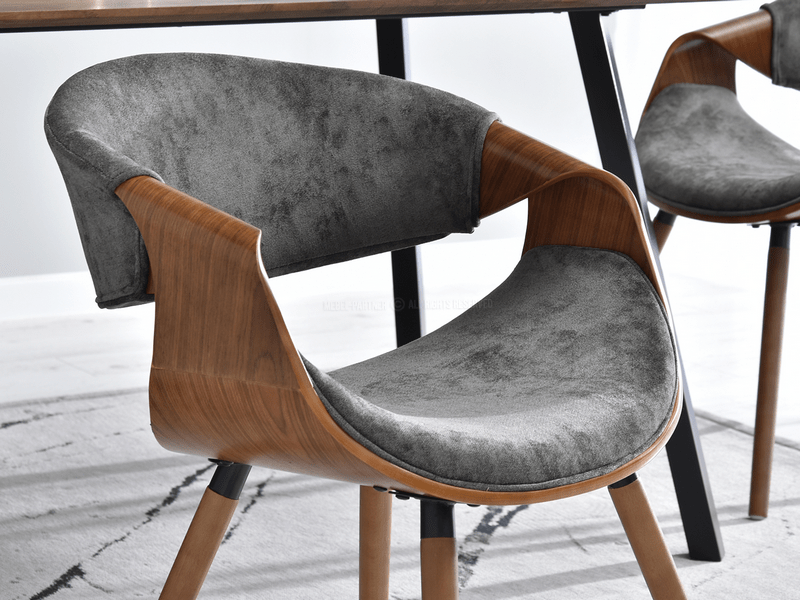 krzesło bent orzechowe z szarym welurem nowoczesna bryła drewno gięte fornir do salonu jadalni 