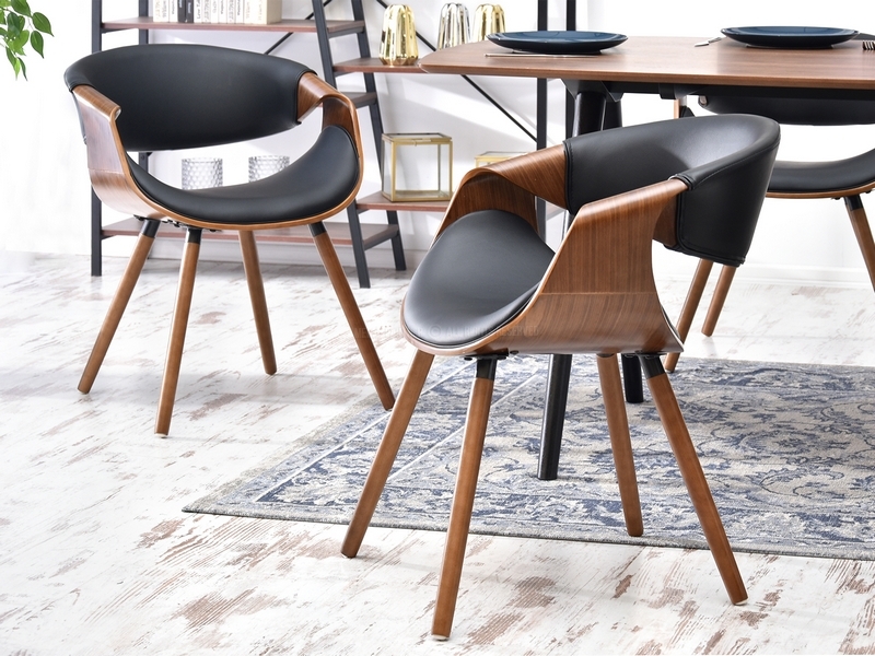 nowoczesne krzesło z wywijanymi podłokietnikami do jadalni do pokoju dziennego designerskie fornir drewno gięte orzech i czarna ekoskóra BENT