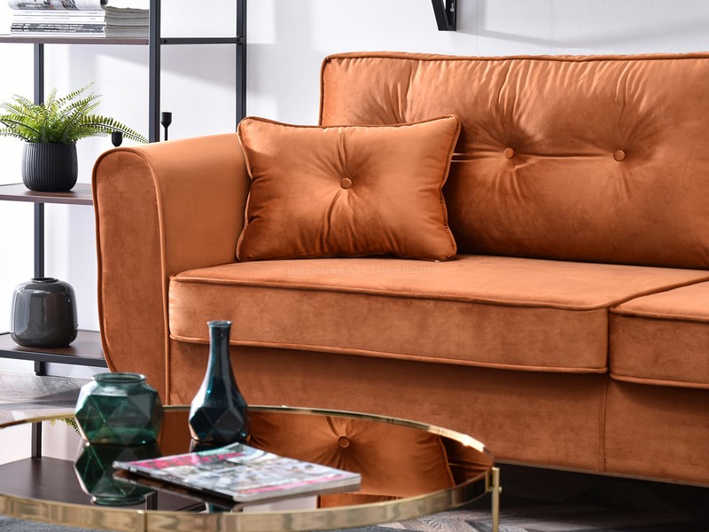 kanapa rozkładana z funkcją spania BLINK lamowanie pikowanie guzikami tkanina PIANO welur na zamówienie indywidualne poduszka dekoracyjna