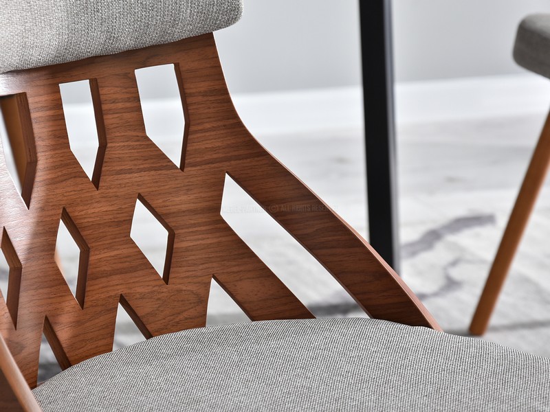 komfortowe krzesło do stołu ażurowe oparcie orzech szara tkanina CRABI