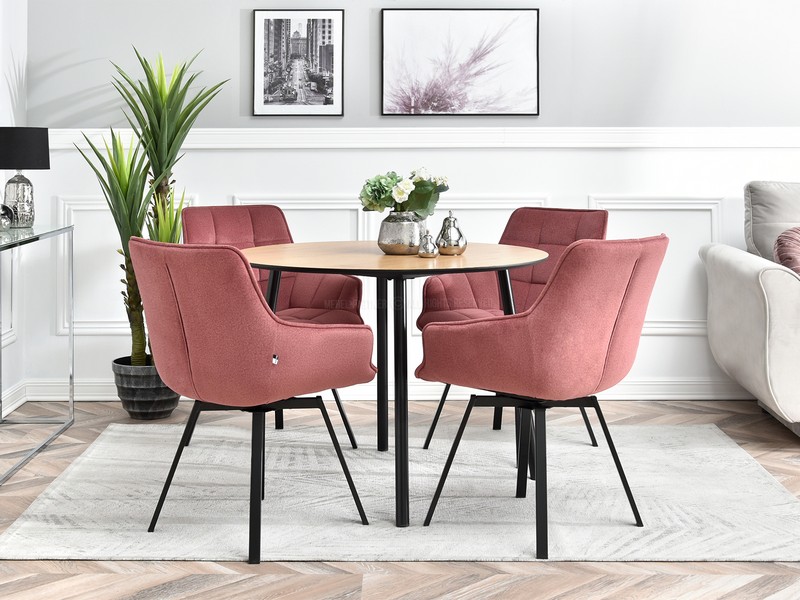 krzesła tapicerowane tkaniną pudrowy róż różowe pastelowe czarne nogi ARUBA obrotowe krzesło do stołu do jadalni modne nowoczesne glamour