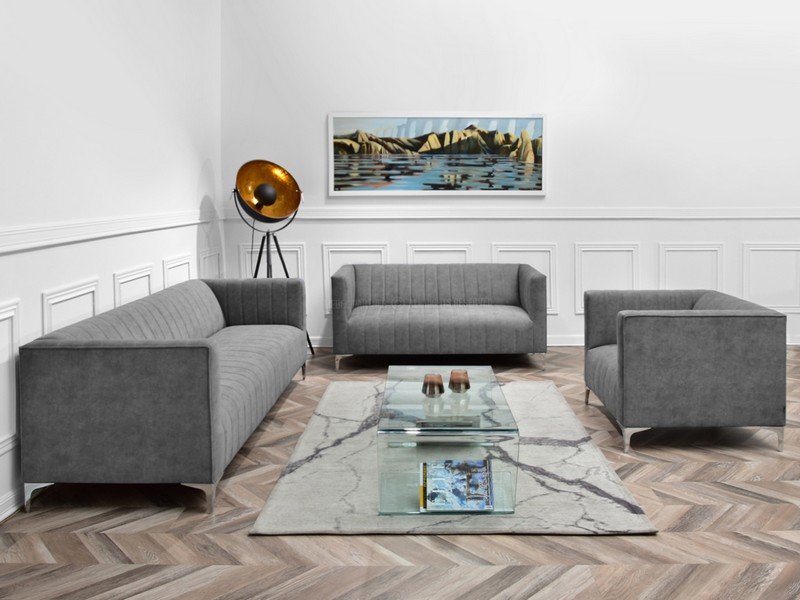 Zestaw wypoczynkowy kolor szary RONI fotel kanapa 2 osobowa kanapa 3 osobowa nowoczesny design przeszycia minimalizm