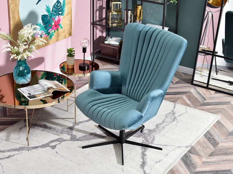 fotel obrotowy ESLA kolor morski turkusowy do salonu pokoju dziennego przeszycia noga centralna nowoczesny komfortowy