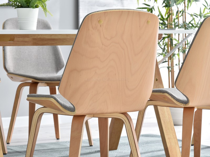 eleganckie nowoczesne krzesła z drewna giętego VINCE buk i szara tkanina do stylowej jadalni