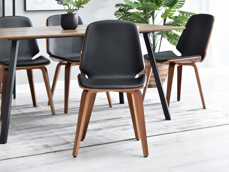 krzesło z czarnej skóry ekologicznej i orzechowego drewna do salonu stołowe bez podłokietników proste eleganckie stylowe VINCE