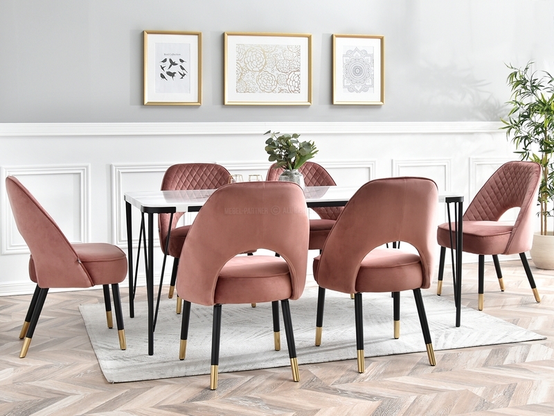 pudrowy róż krzesło fotelowe przeszycia RICH złota nóżka glamour nowoczesne do salonu do jadalni do stołu