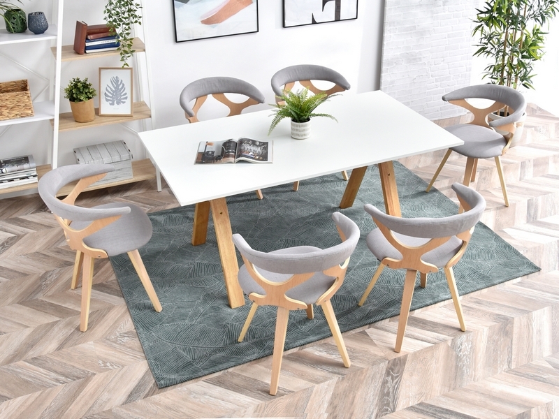 jasne skandynawskie krzesła z drewna giętego ażurowe buk szara tkanina BONITO modne nowoczesne lekkie komfortowe z obrotowym siedziskiem obrotowe