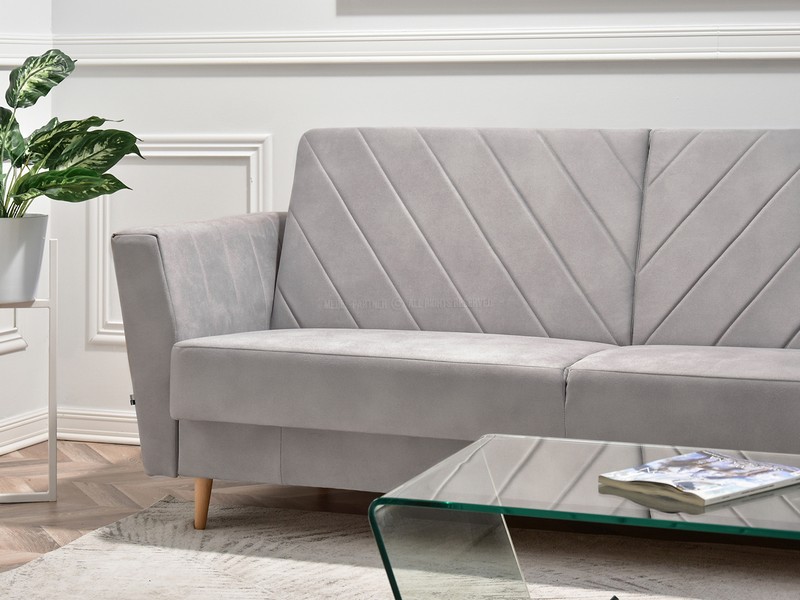 nowoczesna kanapa z asymetrycznymi przeszyciami na oparciu z funkcją spania MODI elegancka stylowa designerska meble tapicerowane na zamówienie indywidualne