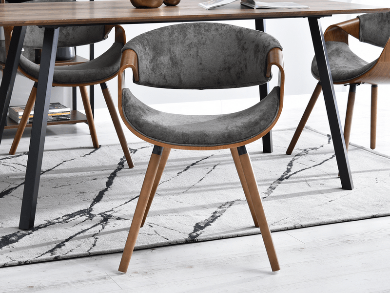 orzechowe krzesło fornirowane z drewna giętego do jadalni BENT orzech szara tkanina welur przyjemna w dotyku nowoczesny design wygięte podłokietniki
