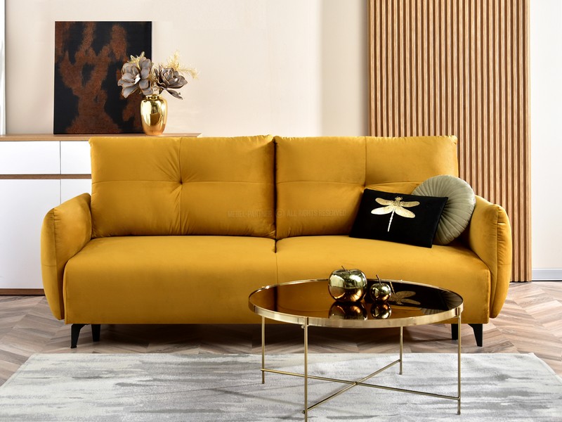 kanapa rozkładana LULU na wysokich nóżkach do pokoju dziennego designerska nowoczesna elegancka stylowa musztardowa