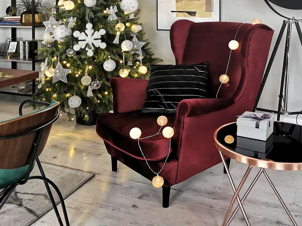 komfortowy fotel uszak z podłokietnikami pikowaniem i lamowaniem skandynawski styl fotel wypoczynkowy tapicerowany welurem MALMO bordowy