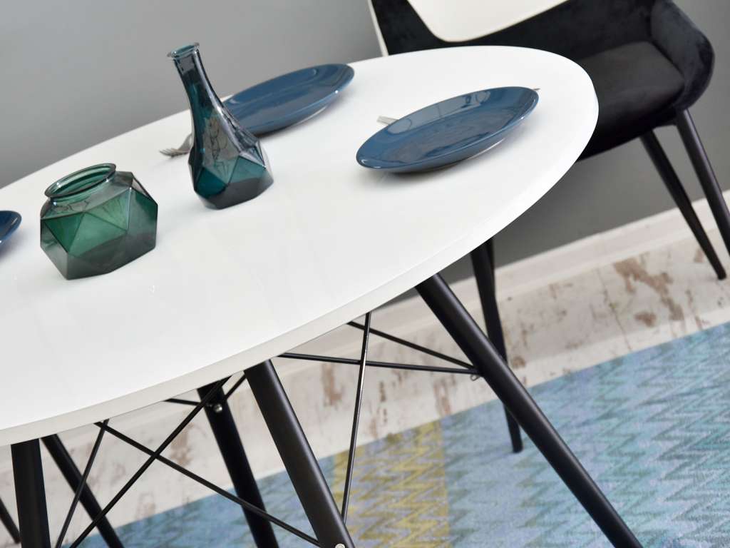 nowoczesny stół do kuchni EMT WOOD okrągły biały blat czarna podstawa obiadowy do salonu do jadalni nowoczesny stylowy