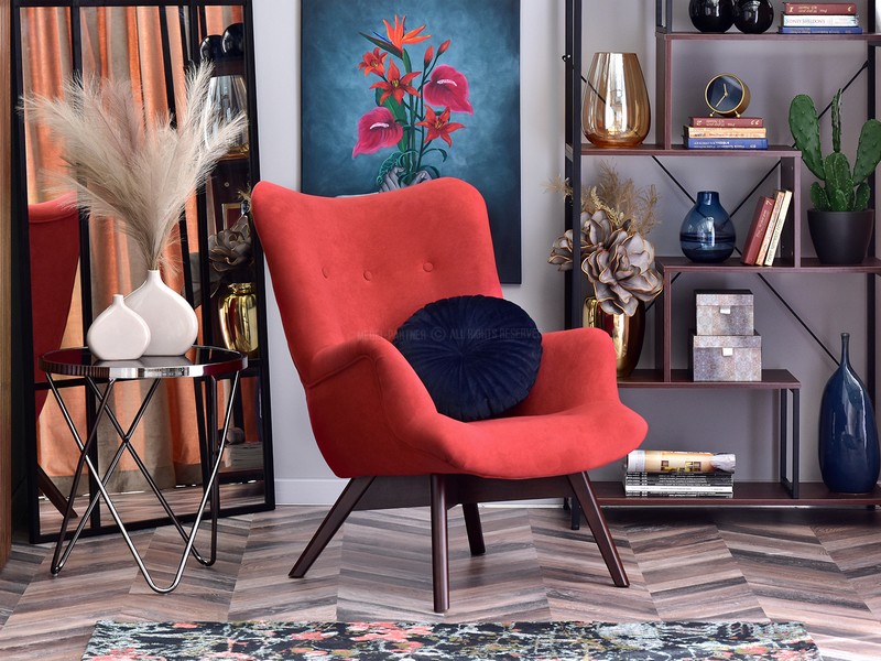 elegancki fotel uszak pikowane siedzisko FLORI orzechowa noga tapicerowany czerwoną tkaniną z guzikami do salonu do jadalni do karmienia dziecka nowoczesne stylowe