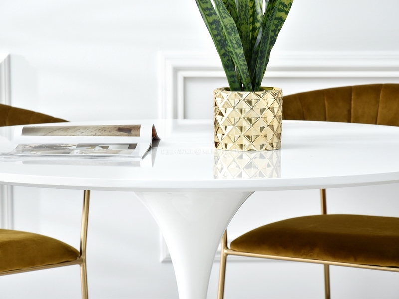 okrągły biały stół w stylu glamour CROCUS pełny połysk na jednej nodze do salonu do kuchni do jadalni elegancki